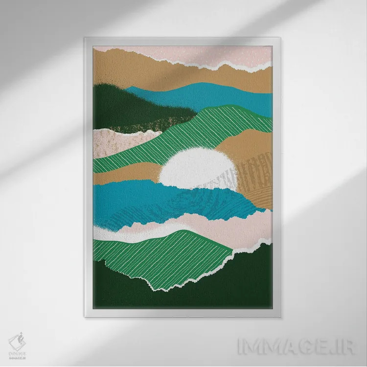 تابلو مینیمال خورشید در حال طلوع جنگل انتزاعی اثر پیکسی پیپر - نمای قابدار سفید