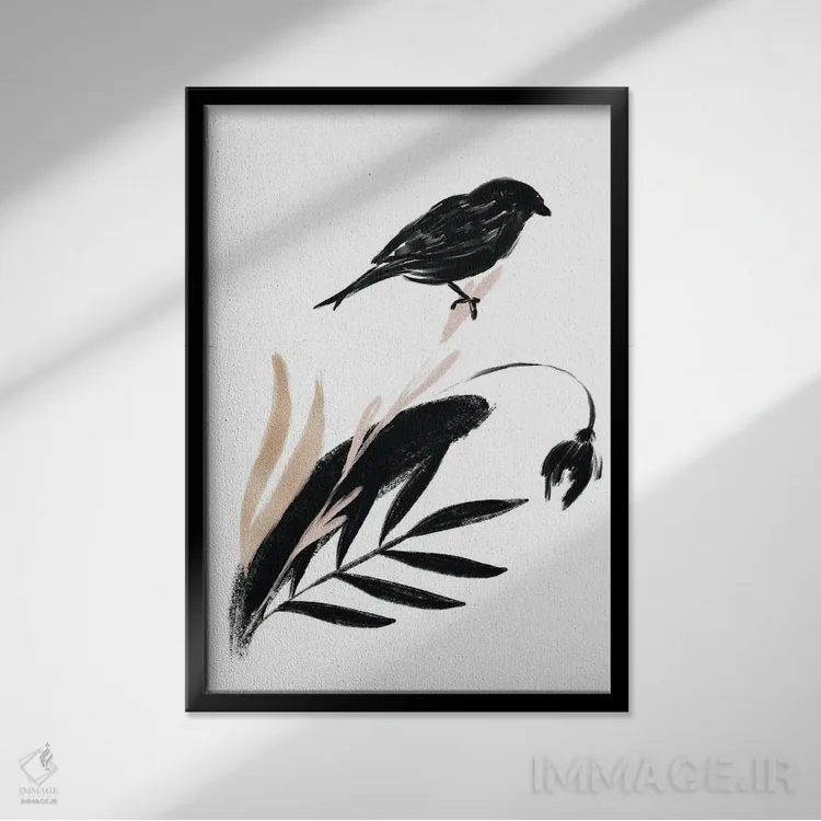 تابلو مینیمال پرنده گل های ظریف شماره ۴ اثر پیکسی پیپر - نمای قابدار مشکی