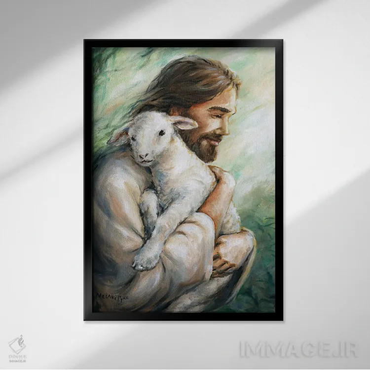 تابلو دکوراتیو عیسی بره گمشده را به خانه می آورد اثر ملانی پایک - نمای قابدار مشکی