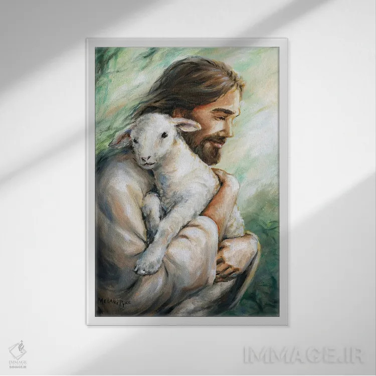 تابلو دکوراتیو عیسی بره گمشده را به خانه می آورد اثر ملانی پایک - نمای قابدار سفید