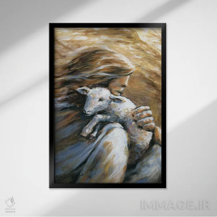 تابلو دکوراتیو عیسی گوسفند گمشده را به خانه می آورد اثر ملانی پایک - نمای قابدار مشکی