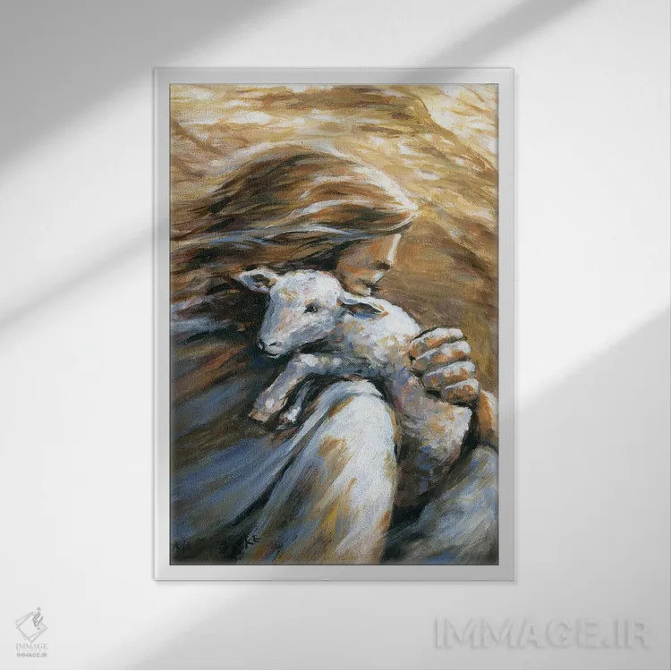 تابلو دکوراتیو عیسی گوسفند گمشده را به خانه می آورد اثر ملانی پایک - نمای قابدار سفید