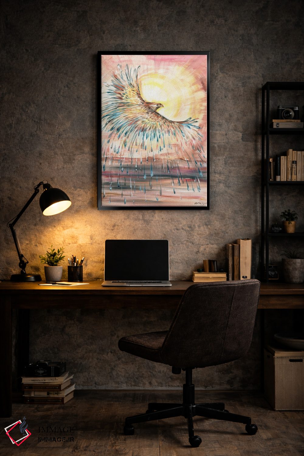 تابلو دکوراتیو خورشید با شاهین آبی بر فراز زمین خشک اثر ملانی پایک - D6B