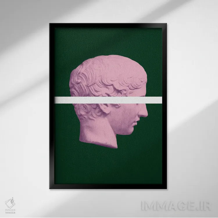 تابلو دکوراتیو سر یونانی باستان به رنگ صورتی و سبز اثر گریس دیجیتال آرت کو - نمای قابدار مشکی