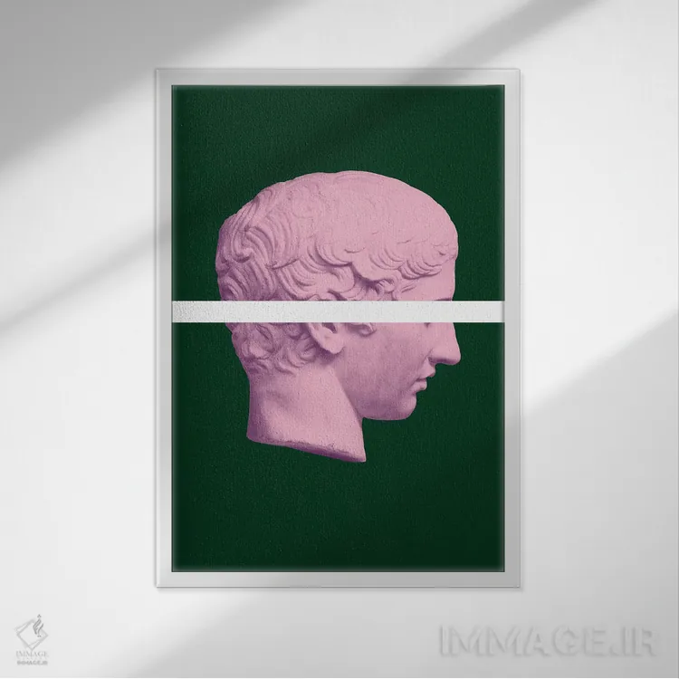 تابلو دکوراتیو سر یونانی باستان به رنگ صورتی و سبز اثر گریس دیجیتال آرت کو - نمای قابدار سفید
