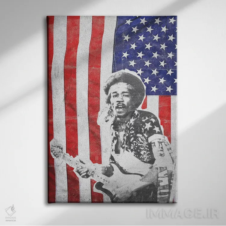 تابلو دکوراتیو جیمی هندریکس با پرچم بزرگ اثر رادیو دیز - نمای روبهرو روی دیوار