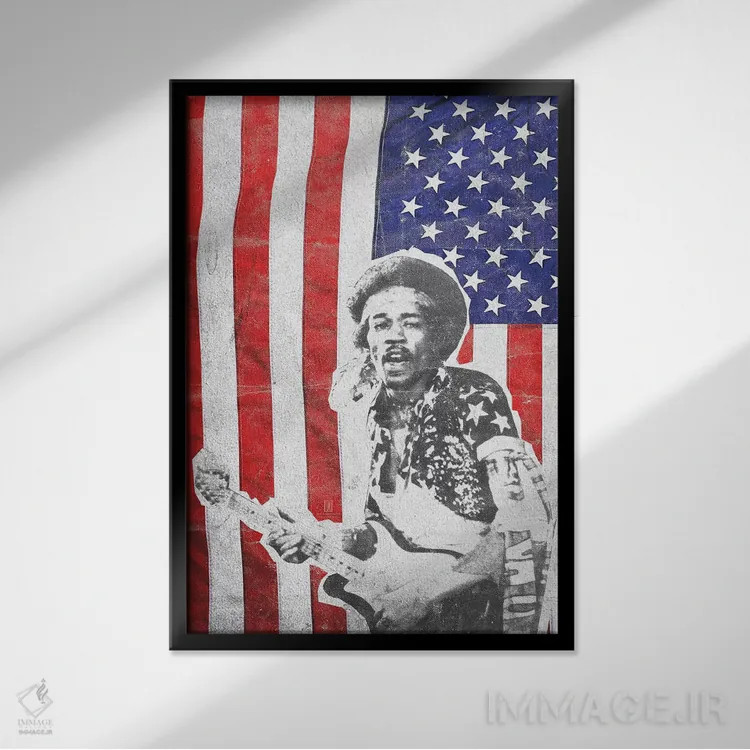 تابلو دکوراتیو جیمی هندریکس با پرچم بزرگ اثر رادیو دیز - نمای قابدار مشکی