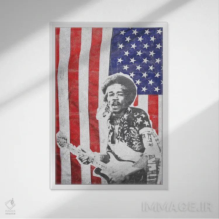 تابلو دکوراتیو جیمی هندریکس با پرچم بزرگ اثر رادیو دیز - نمای قابدار سفید