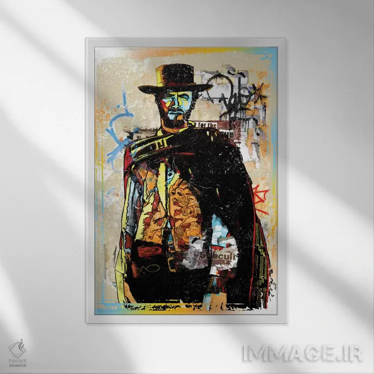 تابلو دکوراتیو کلینت ایست وود به سبک گرافیتی؛ کابوی اثر رادیو دیز - نمای قابدار سفید