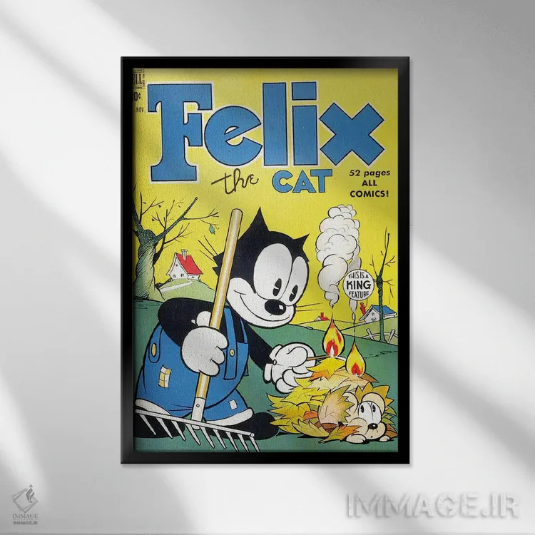 تابلو دکوراتیو فلیکس در حال سوزاندن برگ ها اثر رادیو دیز - نمای قابدار مشکی