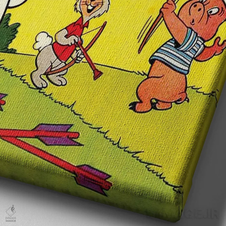 تابلو دکوراتیو دوستان روح در حال هدف گیری سیب اثر رادیو دیز - نمای نزدیک بافت بوم