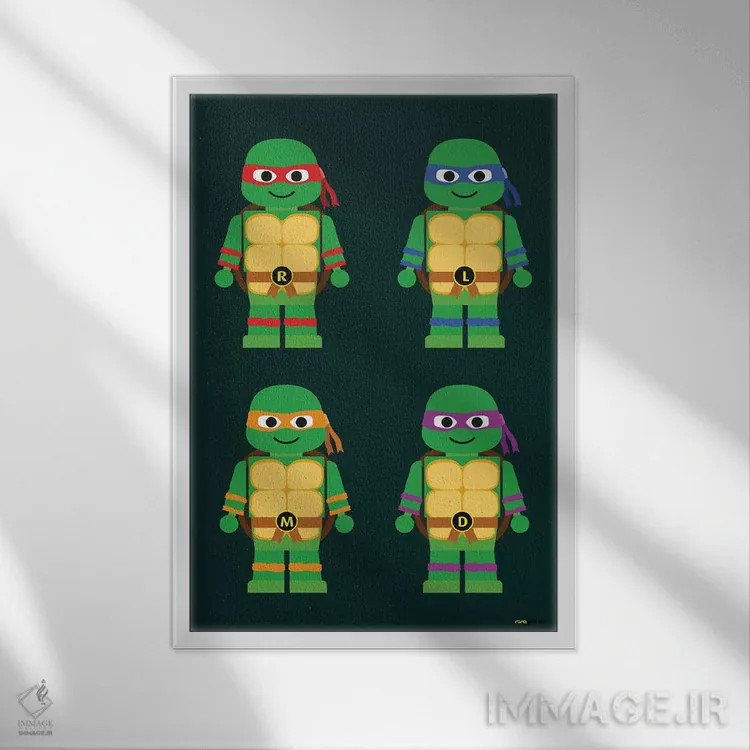 تابلو دکوراتیو لاک پشت های نینجا نوجوان جهش یافته اسباب بازی اثر رافائل گومز - نمای قابدار سفید