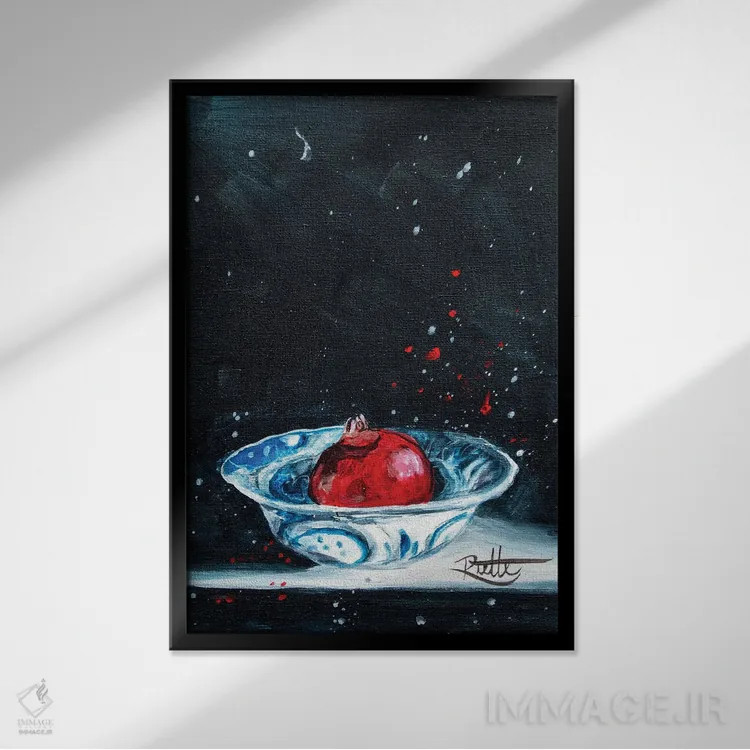 تابلو دکوراتیو کاسه انار آبی اثر روت آرت کرییشنز - نمای قابدار مشکی