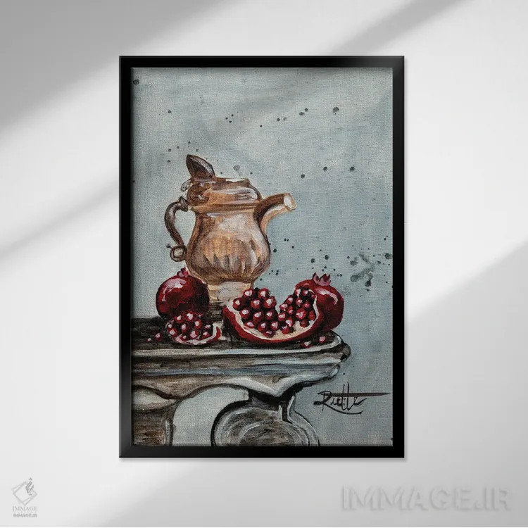 تابلو دکوراتیو انارها و کوزه اثر روت آرت کرییشنز - نمای قابدار مشکی