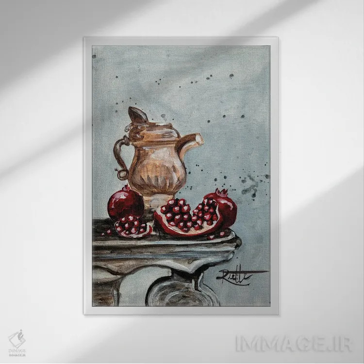 تابلو دکوراتیو انارها و کوزه اثر روت آرت کرییشنز - نمای قابدار سفید