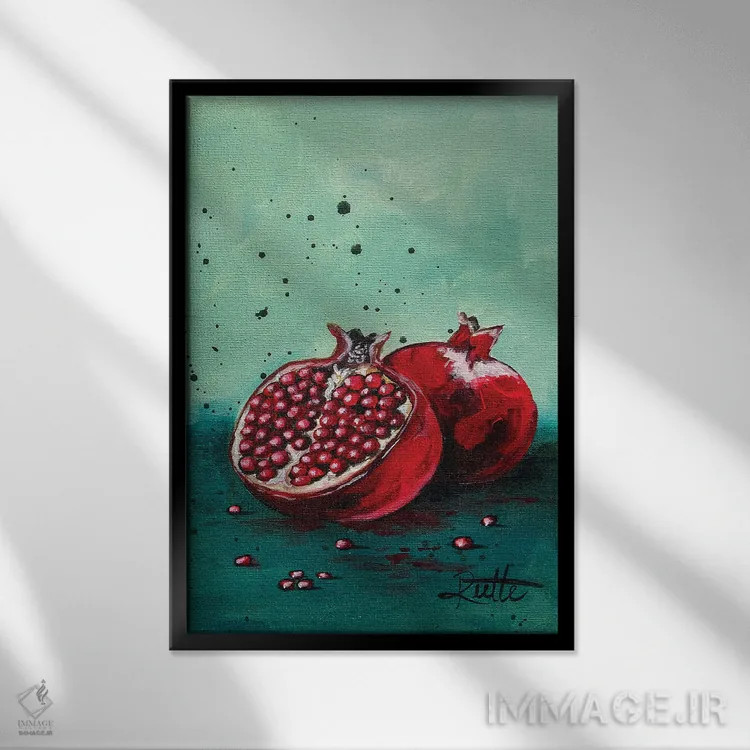 تابلو دکوراتیو انار فیروزه ای اثر روت آرت کرییشنز - نمای قابدار مشکی