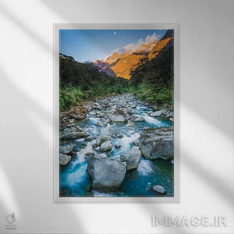 تابلو دکوراتیو Fiordland National Park, South Island,طلوع ماه بر فراز کوه ما… اثر راس بیشاپ - نمای قابدار سفید