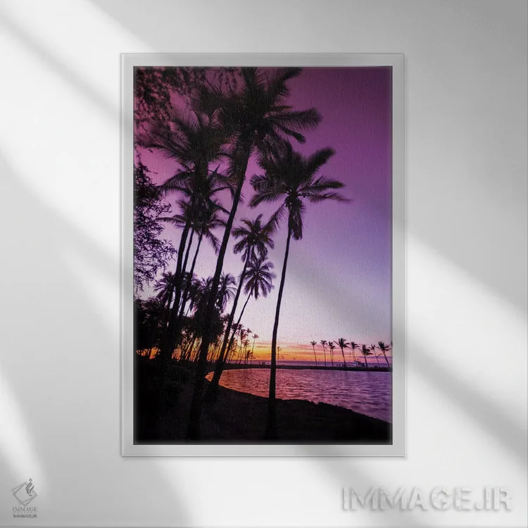 تابلو دکوراتیو Kohala Coast, Big Island, Hawaii, USA,غروب از میان نخل های سی… اثر راس بیشاپ - نمای قابدار سفید