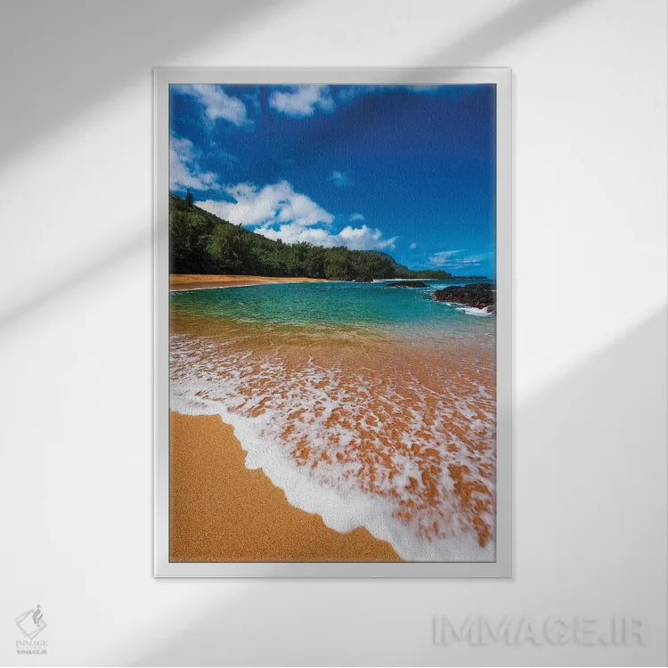 تابلو دکوراتیو Island of Kauai, Hawaii, USA,شن و موج در ساحل لوماهائی، جزیره… اثر راس بیشاپ - نمای قابدار سفید