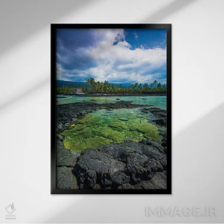 تابلو دکوراتیو Pu'uhonua O Honaunau National Historic Park, Kona Coast, Hawa… اثر راس بیشاپ - نمای قابدار مشکی