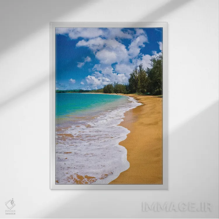 تابلو دکوراتیو Island of Kauai, Hawaii, USA,ساحل خالی و آب های آبی اقیانوس آ… اثر راس بیشاپ - نمای قابدار سفید