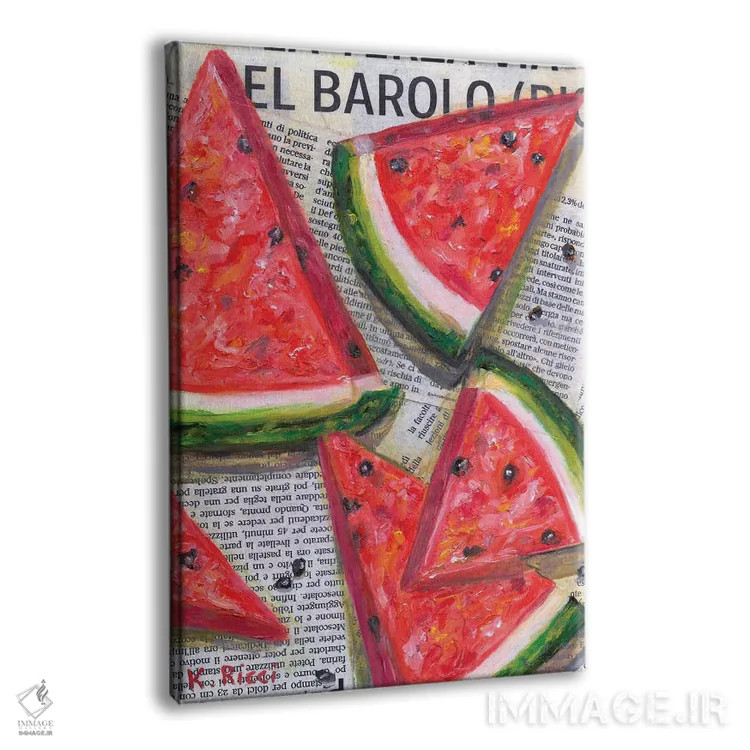 تابلو دکوراتیو برش های هندوانه روی روزنامه اثر کاتیا ریچی - نمای پرسپکتیو محصول