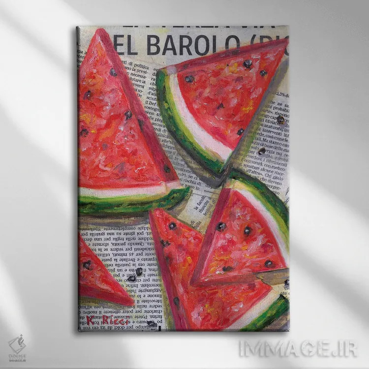 تابلو دکوراتیو برش های هندوانه روی روزنامه اثر کاتیا ریچی - نمای روبهرو روی دیوار