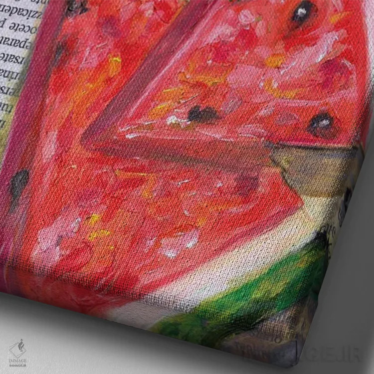 تابلو دکوراتیو برش های هندوانه روی روزنامه اثر کاتیا ریچی - نمای نزدیک بافت بوم