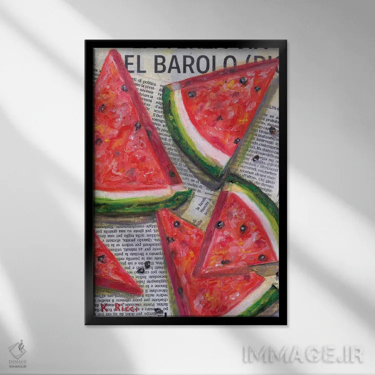 تابلو دکوراتیو برش های هندوانه روی روزنامه اثر کاتیا ریچی - نمای قابدار مشکی