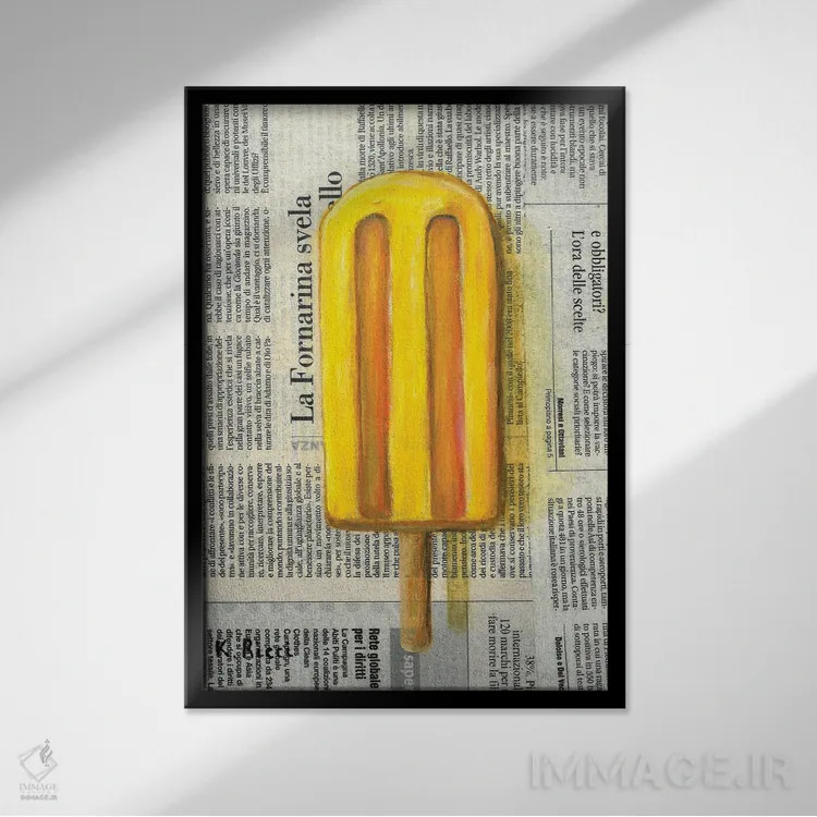 تابلو دکوراتیو بستنی یخی روی روزنامه اثر کاتیا ریچی - نمای قابدار مشکی