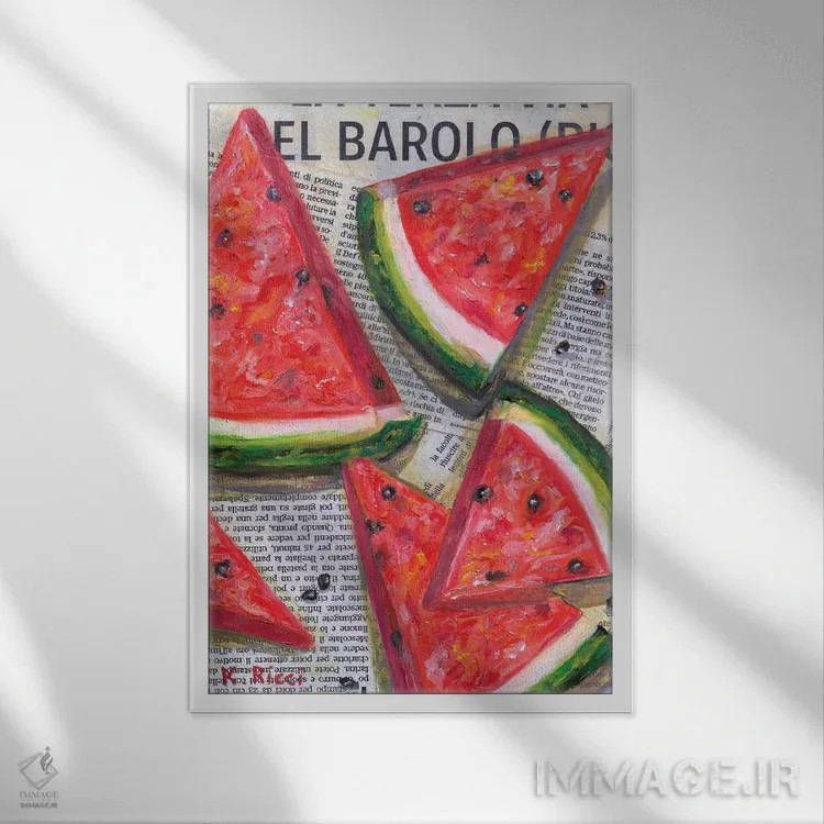 تابلو دکوراتیو برش های هندوانه روی روزنامه اثر کاتیا ریچی - نمای قابدار سفید