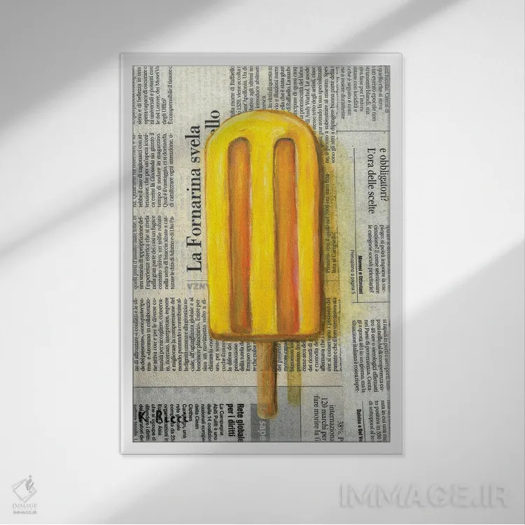 تابلو دکوراتیو بستنی یخی روی روزنامه اثر کاتیا ریچی - نمای قابدار سفید