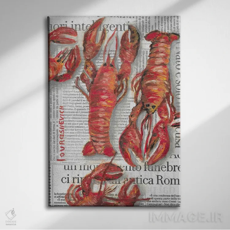 تابلو دکوراتیو خرچنگ دریایی روی روزنامه اثر کاتیا ریچی - نمای روبهرو روی دیوار