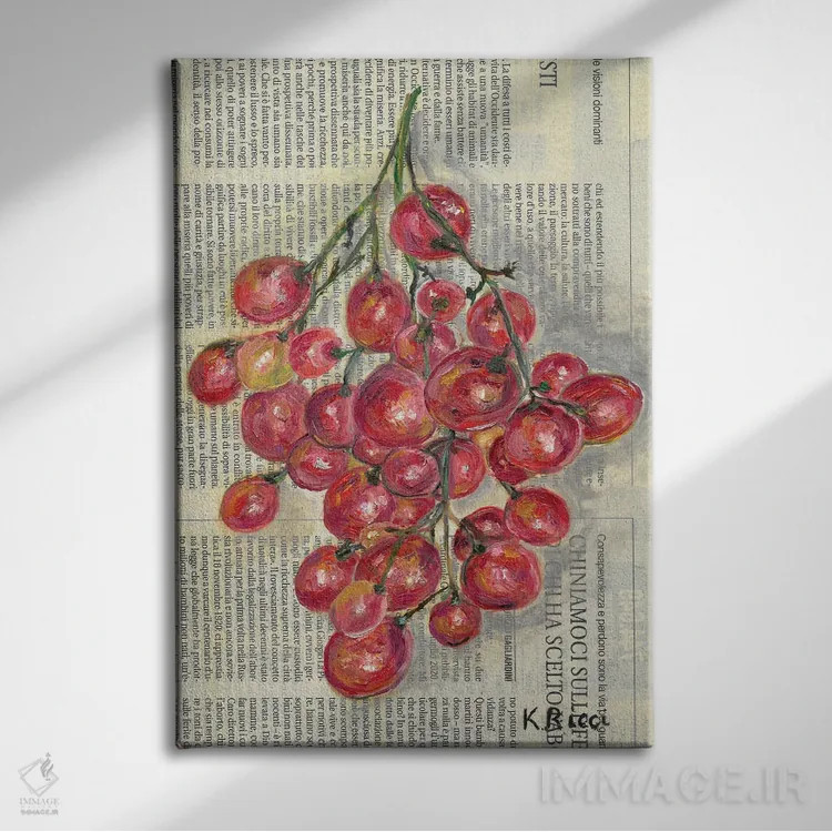 تابلو دکوراتیو انگور قرمز روی روزنامه اثر کاتیا ریچی - نمای روبهرو روی دیوار
