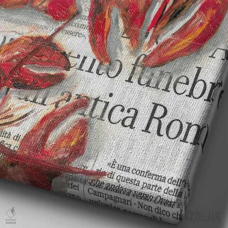 تابلو دکوراتیو خرچنگ دریایی روی روزنامه اثر کاتیا ریچی - نمای نزدیک بافت بوم