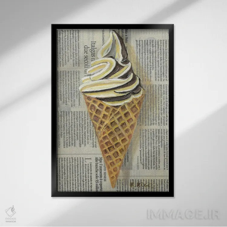 تابلو دکوراتیو بستنی روی روزنامه اثر کاتیا ریچی - نمای قابدار مشکی