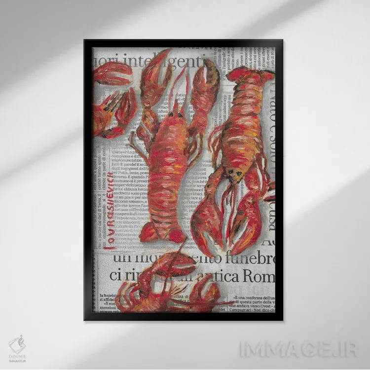 تابلو دکوراتیو خرچنگ دریایی روی روزنامه اثر کاتیا ریچی - نمای قابدار مشکی