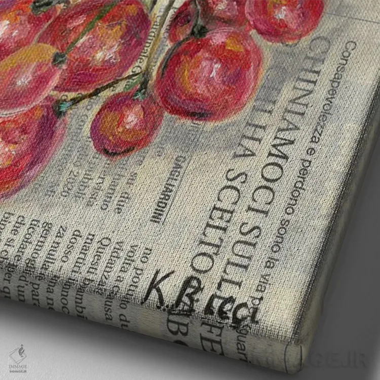 تابلو دکوراتیو انگور قرمز روی روزنامه اثر کاتیا ریچی - نمای نزدیک بافت بوم