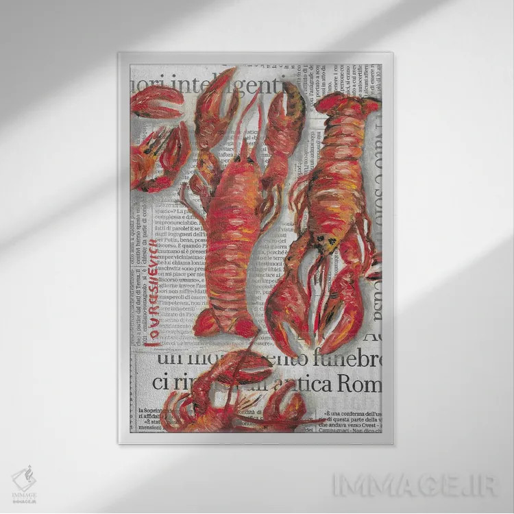 تابلو دکوراتیو خرچنگ دریایی روی روزنامه اثر کاتیا ریچی - نمای قابدار سفید