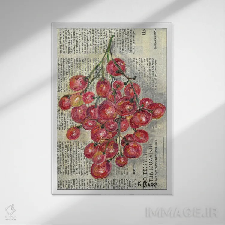 تابلو دکوراتیو انگور قرمز روی روزنامه اثر کاتیا ریچی - نمای قابدار سفید