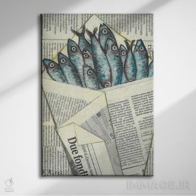 تابلو دکوراتیو ماهی کولی پیچیده شده در کیسه روزنامه اثر کاتیا ریچی - نمای روبهرو روی دیوار