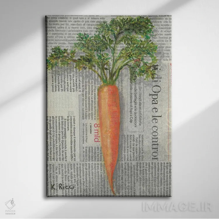 تابلو دکوراتیو هویج روی روزنامه اثر کاتیا ریچی - نمای روبهرو روی دیوار