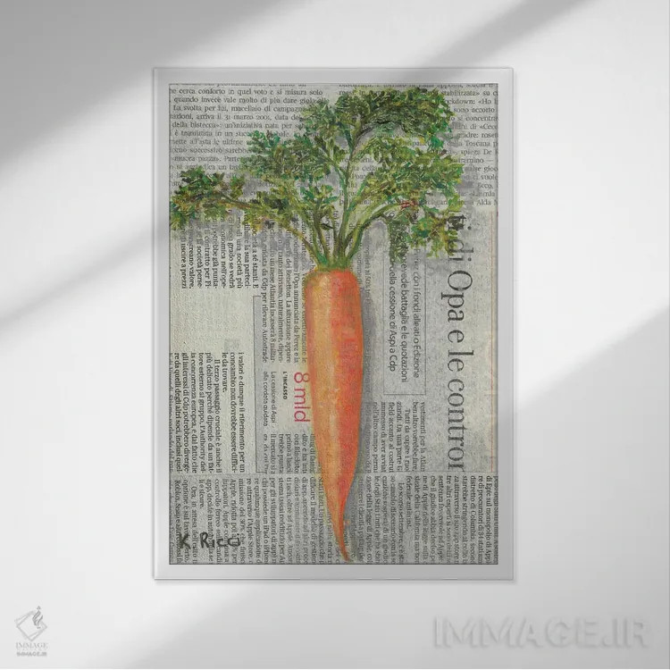 تابلو دکوراتیو هویج روی روزنامه اثر کاتیا ریچی - نمای قابدار سفید