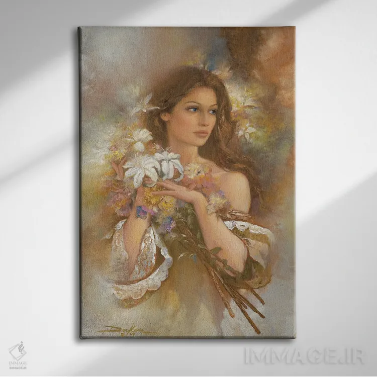 تابلو دکوراتیو زیبایی و سوسن ها اثر راس داکن - نمای روبهرو روی دیوار