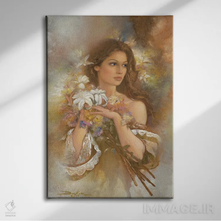 تابلو دکوراتیو زیبایی و سوسن ها اثر راس داکن - نمای روبهرو روی دیوار