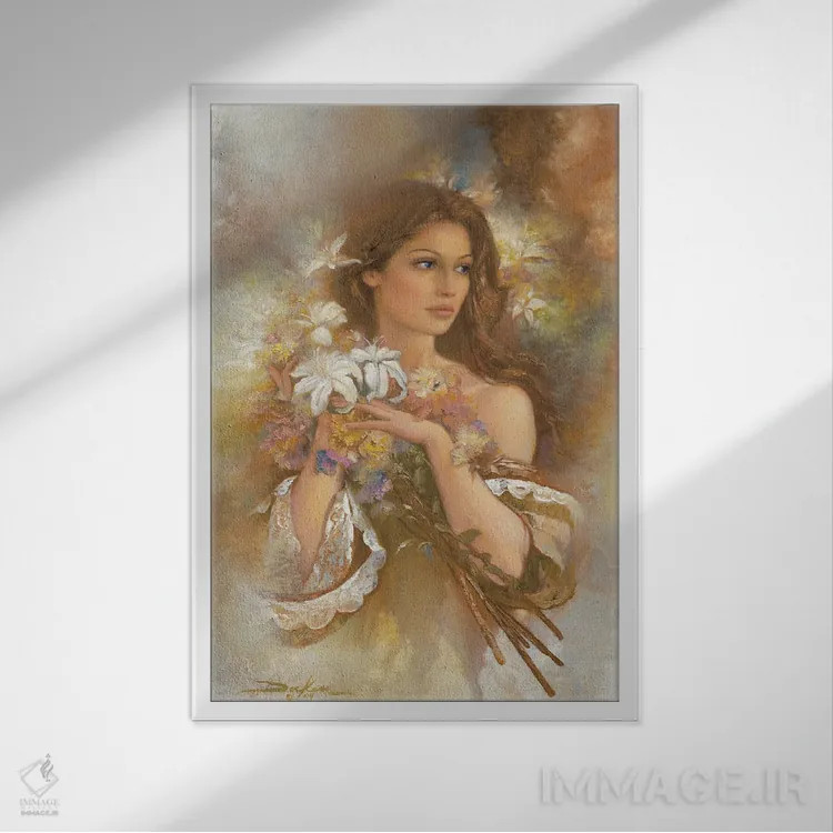 تابلو دکوراتیو زیبایی و سوسن ها اثر راس داکن - نمای قابدار سفید