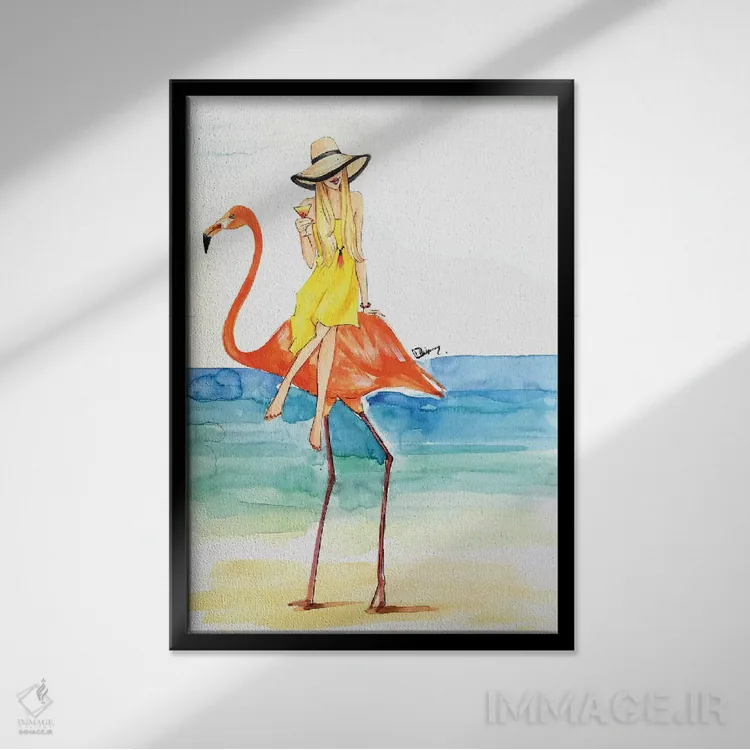 تابلو دکوراتیو سواری فلامینگو اثر رونگرونگ دوو - نمای قابدار مشکی