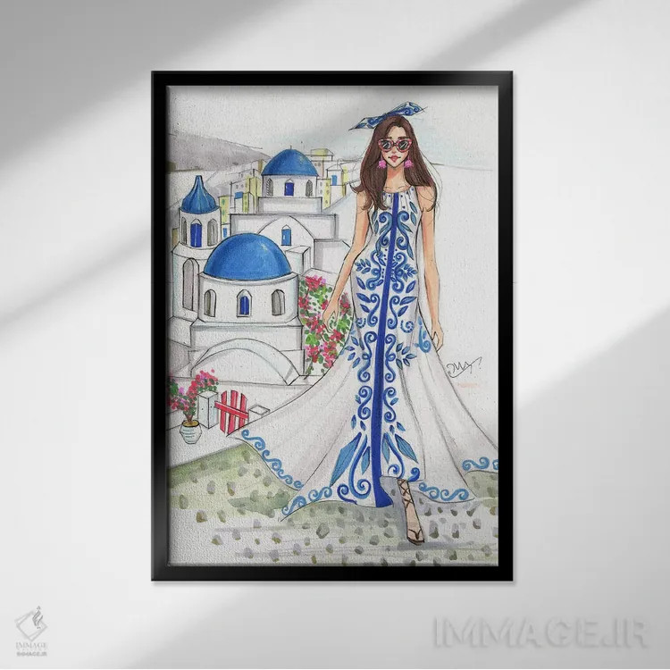 تابلو دکوراتیو سفر به سانتورینی اثر رونگرونگ دوو - نمای قابدار مشکی