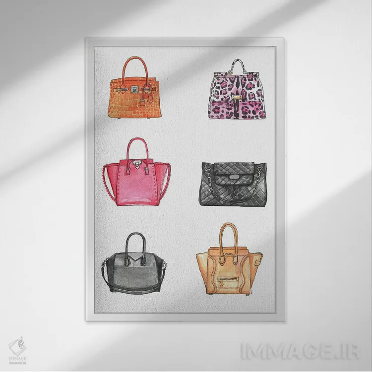تابلو دکوراتیو مجموعه کیف دستی اثر رونگرونگ دوو - نمای قابدار سفید