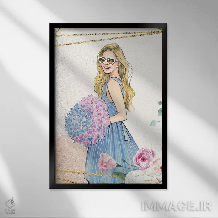 تابلو دکوراتیو دختر گل دار اثر رونگرونگ دوو - نمای قابدار مشکی